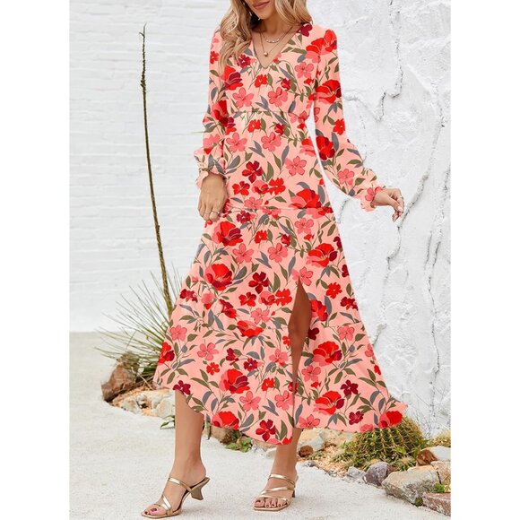 Chic Red V Neck Bohemian Maxi Dress - Long Puff Sleeves and Ruffle Cuffs - Picture 6 of 6